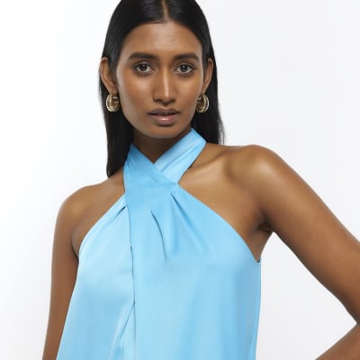 Blue satin halter neck mini dress | River Island