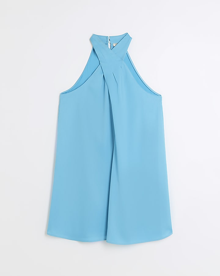 Blue satin halter neck mini dress