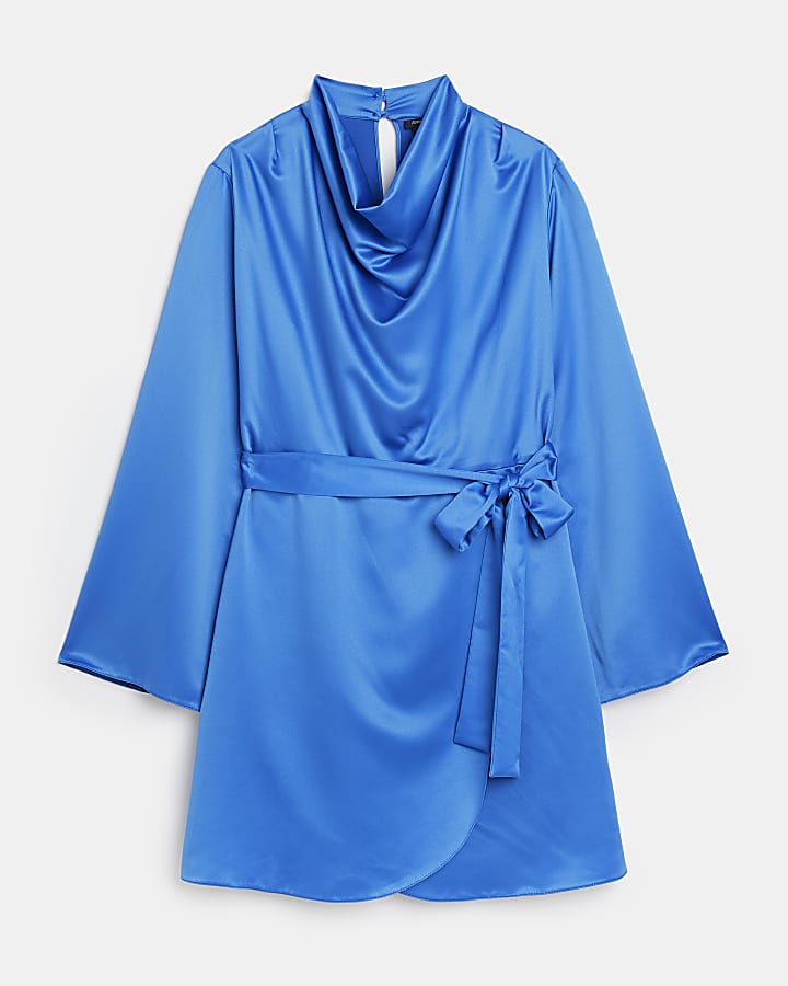 Blue satin high neck mini dress