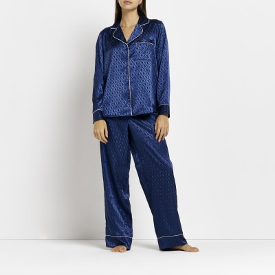 Blue satin jacquard pyjama top River Island