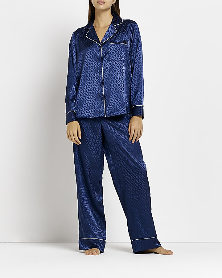 Blue satin jacquard pyjama top