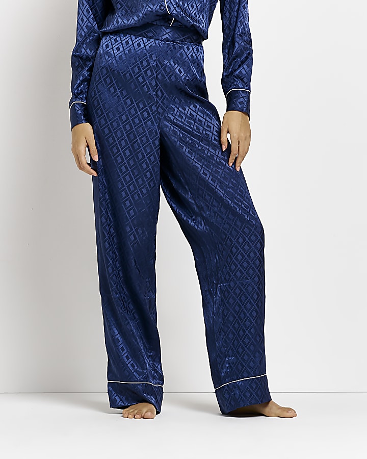 Blue satin jacquard wide leg pyjama trousers