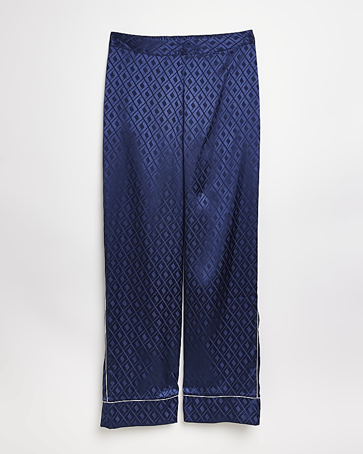 Blue satin jacquard wide leg pyjama trousers