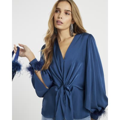 Blue Satin Knot Front Feather Cuff Top