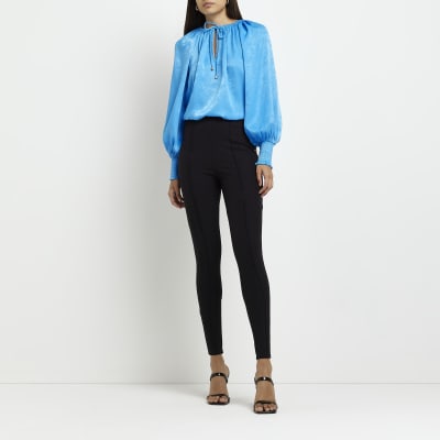 Blue Satin Long Sleeve Blouse River Island