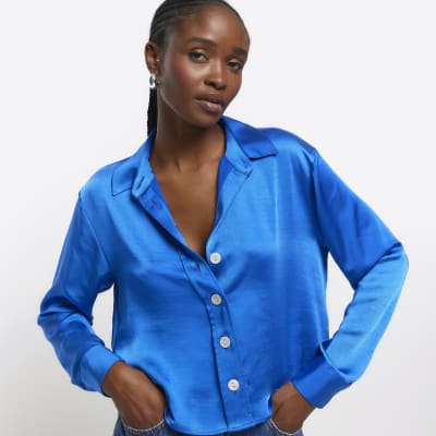 Blue satin long sleeve crop shirt | River Island