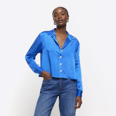 Blue satin long sleeve crop shirt | River Island