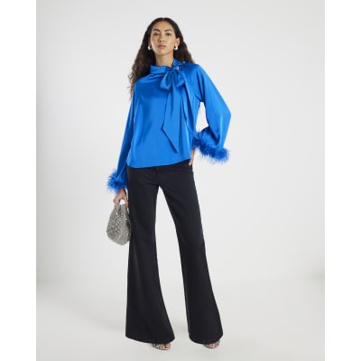 Blue Satin Long Sleeve Feather Blouse