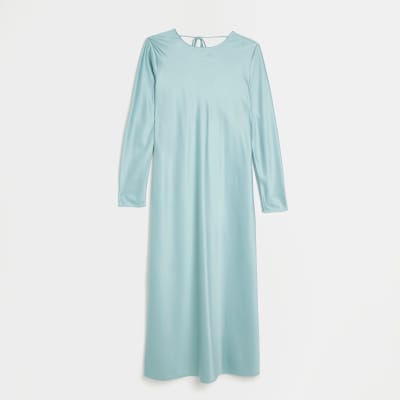 Blue satin long sleeve slip midi dress