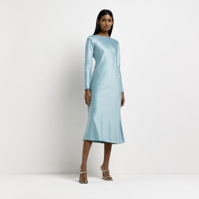 Blue satin long sleeve slip midi dress | River Island