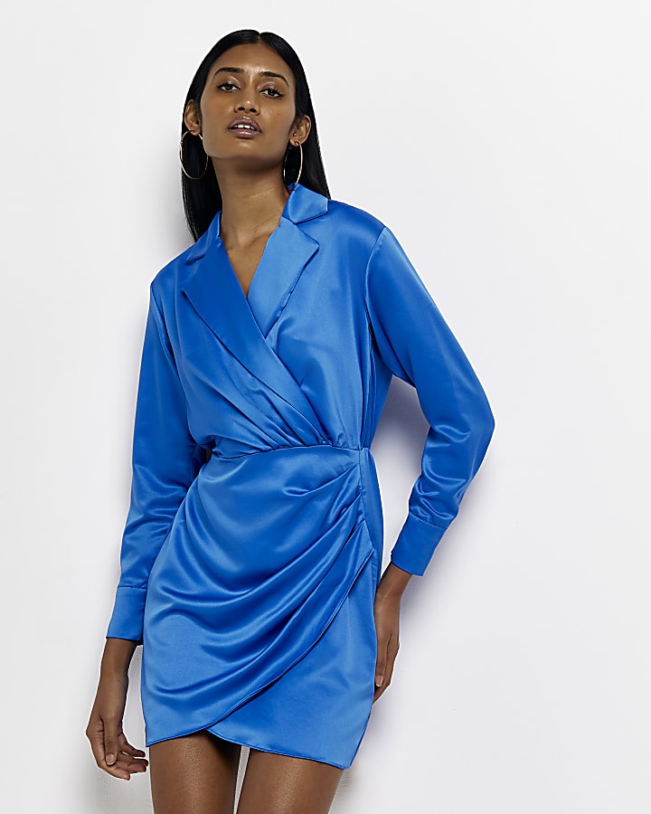 Blue satin long sleeve wrap blazer dress