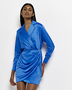 Blue satin long sleeve wrap blazer dress