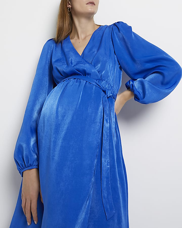Blue satin maternity wrap midi dress