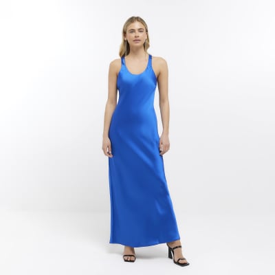 Blue satin maxi slip dress River Island