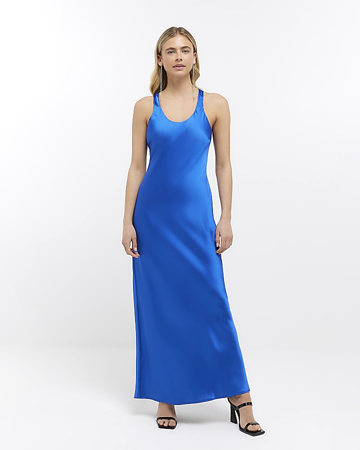 Blue satin maxi slip dress