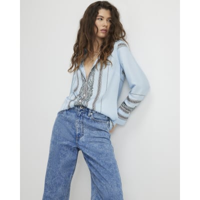 Blue Satin Paisley Print Long Sleeve Shirt