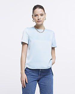 Blue satin short sleeve t-shirt