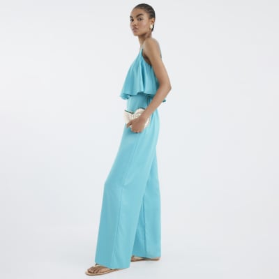 Blue Satin Sleeveless Frill Jumpsuit