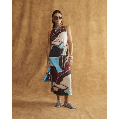 Blue Satin Sleeveless Midi Slip Dress