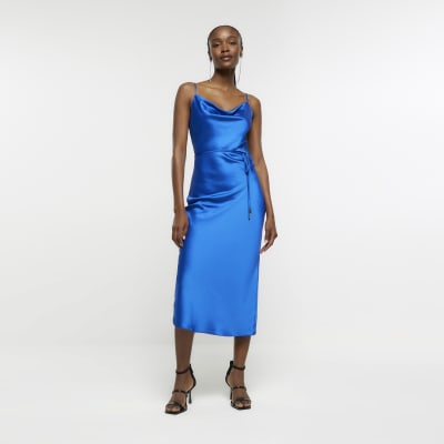 Blue satin slip midi dress River Island
