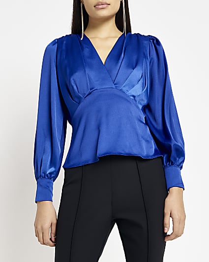 Blue satin wrap blouse