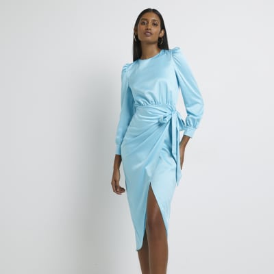 Blue satin wrap midi dress | River Island