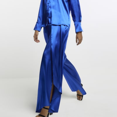 Blue satin wrap over wide leg trousers