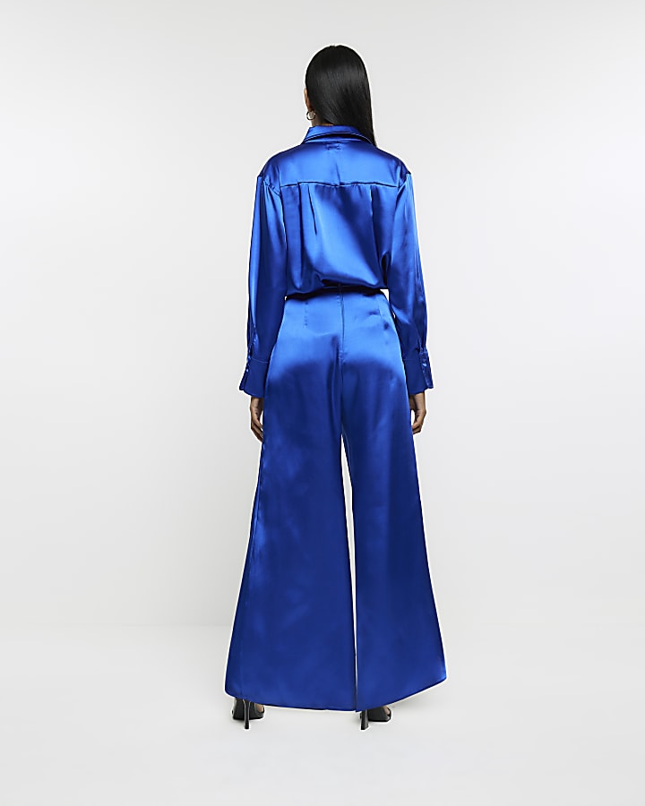 Blue satin wrap over wide leg trousers