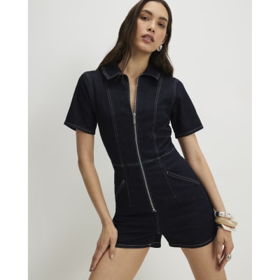 Blue Sculpt Denim Short Sleeve Playsuit