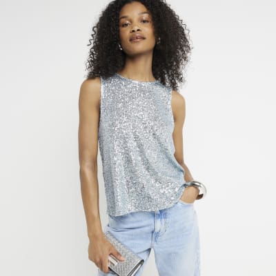 Blue sequin crew neck tank top | River Island