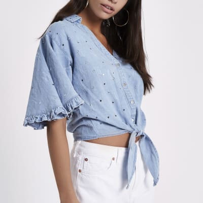 Blue sequin knot front cropped denim shirt