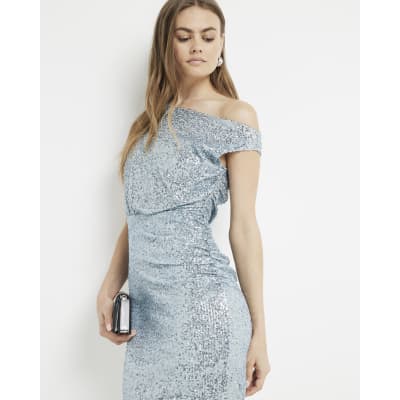 Blue sequin off shoulder bodycon midi dress | River Island