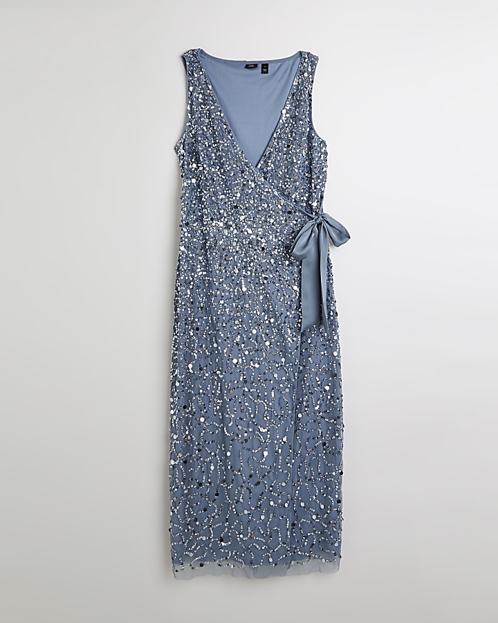 Blue Sequin Wrap Midi Dress