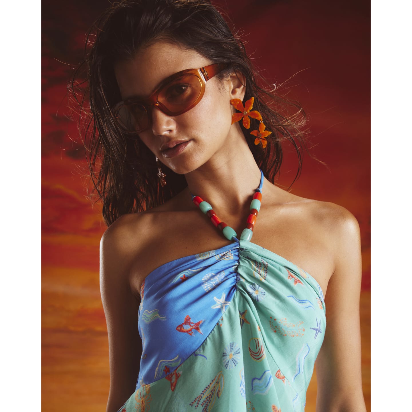 River Island Blue Shell Print beaded Halter Neck Top — photo 1 of 1