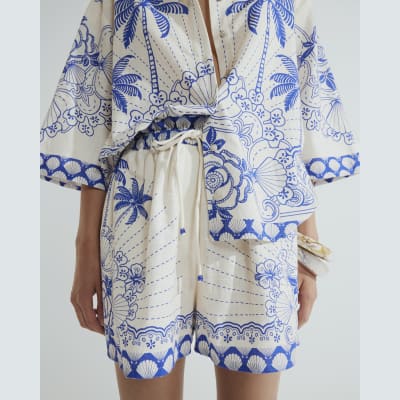 Blue Shell Printed Tie Waist Shorts