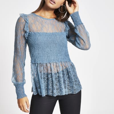 Blue shirred long sleeve lace top River Island