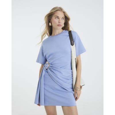 Blue Short Sleeve Belted Mini T-shirt Dress