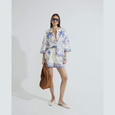 Blue Short Sleeve Boxy Fit Shell Print Shirt