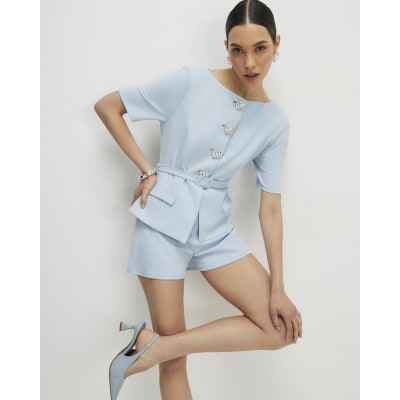 Blue Short Sleeve Diamante Button Playsuit