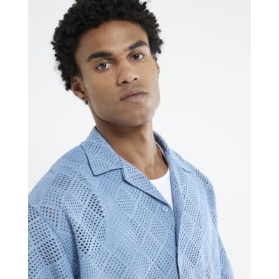 Blue Short Sleeve Diamond Crochet Shirt