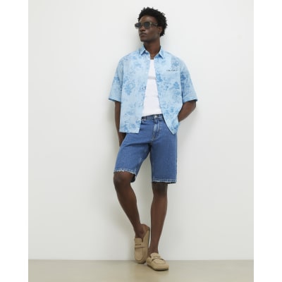 Blue Short Sleeve Floral Printed Cotton Shirt