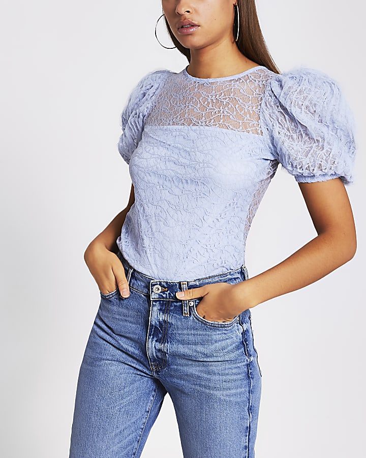 Blue short sleeve lace puff sleeve top