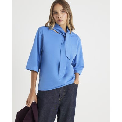 Blue Short Sleeve Scarf Neck T-shirt