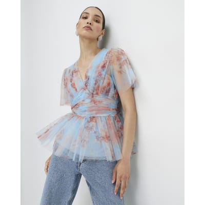 Blue Short Sleeve Tulle Top