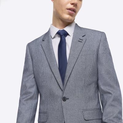 Blue skinny fit dogtooth suit jacket River Island