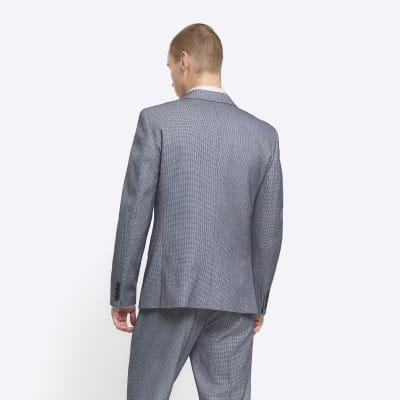 Blue skinny fit dogtooth suit jacket River Island