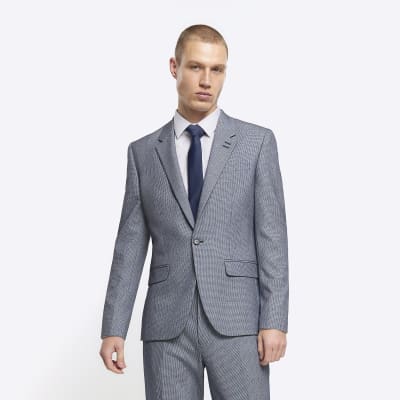 Blue skinny fit dogtooth suit jacket River Island