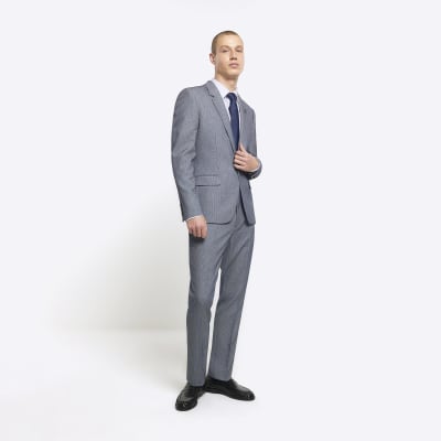 Blue skinny fit dogtooth suit jacket River Island