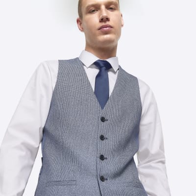Blue skinny fit dogtooth waistcoat River Island