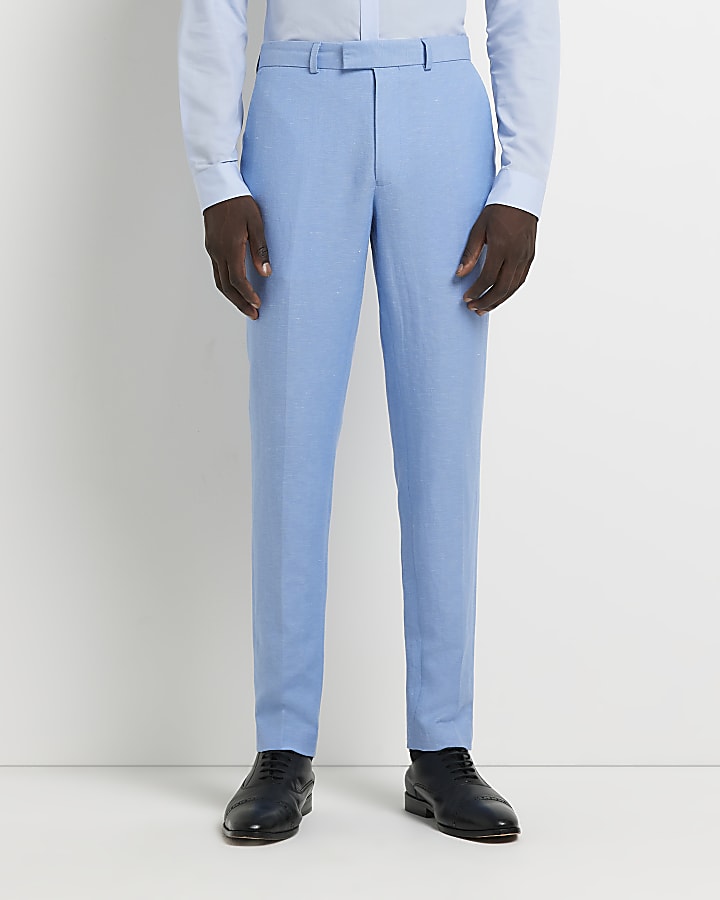 Blue skinny fit linen blend smart trousers